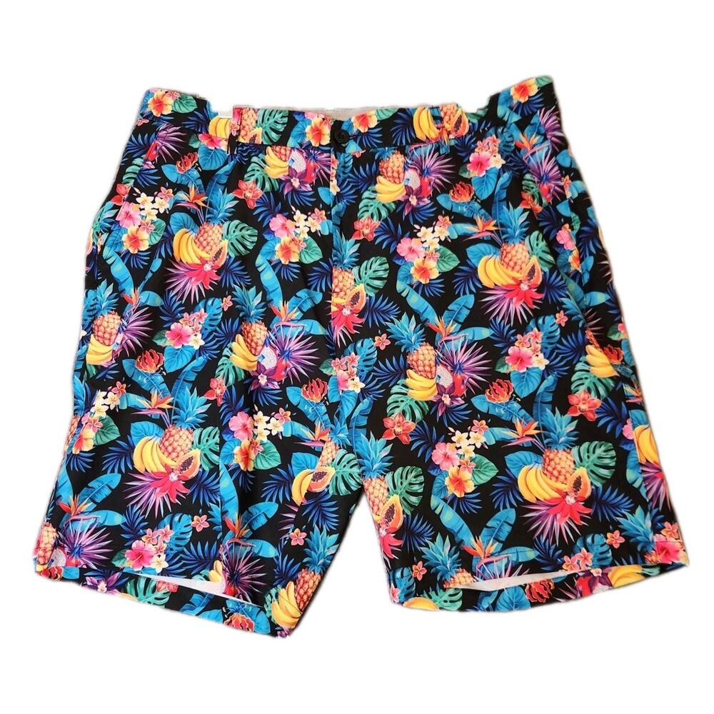 Hreski Golf Shorts Mens 40 x 9 Black Hawaiian Aloha Floral Pineapple Performance